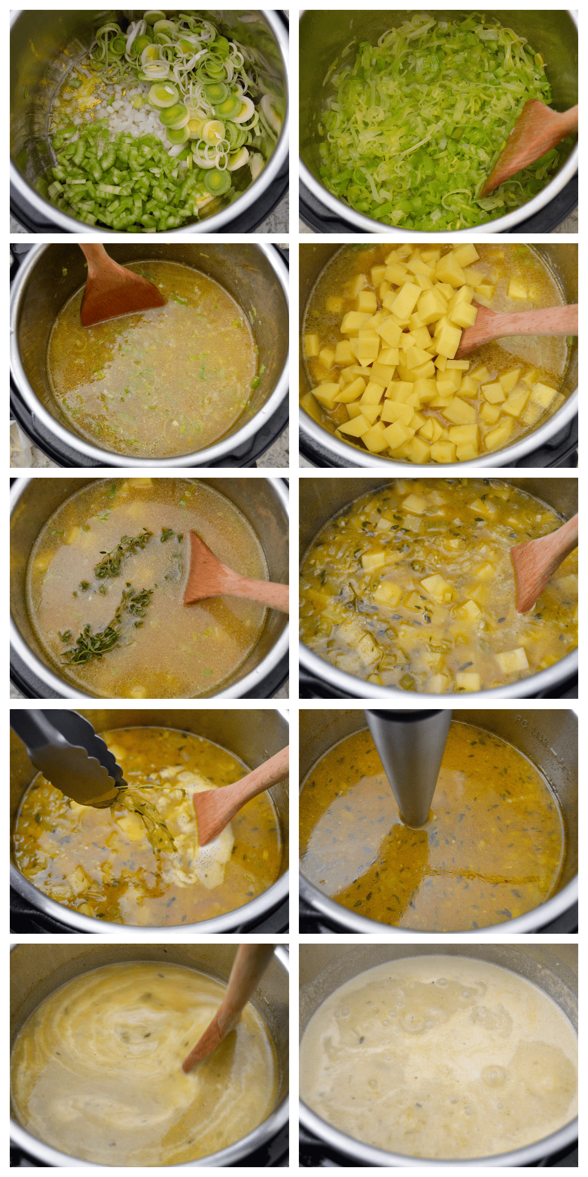 10 images showing steps to make instant pot potato leek soup.