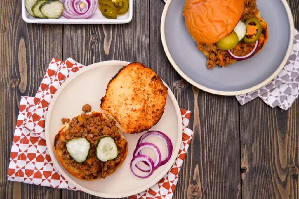 Over Top view of sloppy joes with Toppings