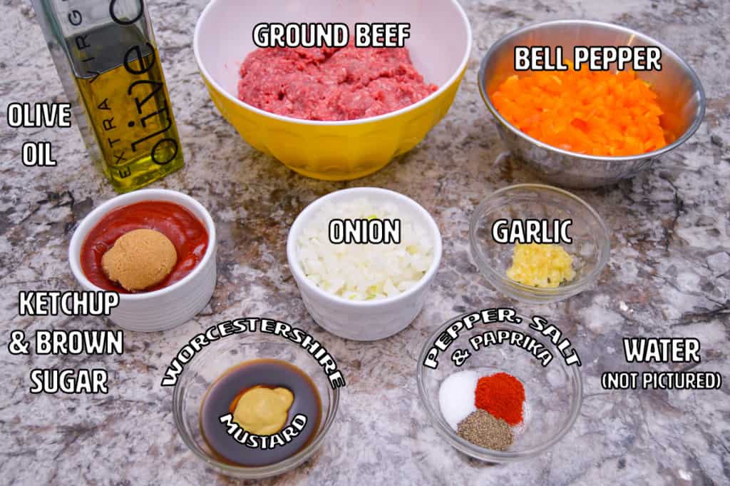 Sloppy Joes Ingredients in ramekins and bowls on brownish granite kitchen counter