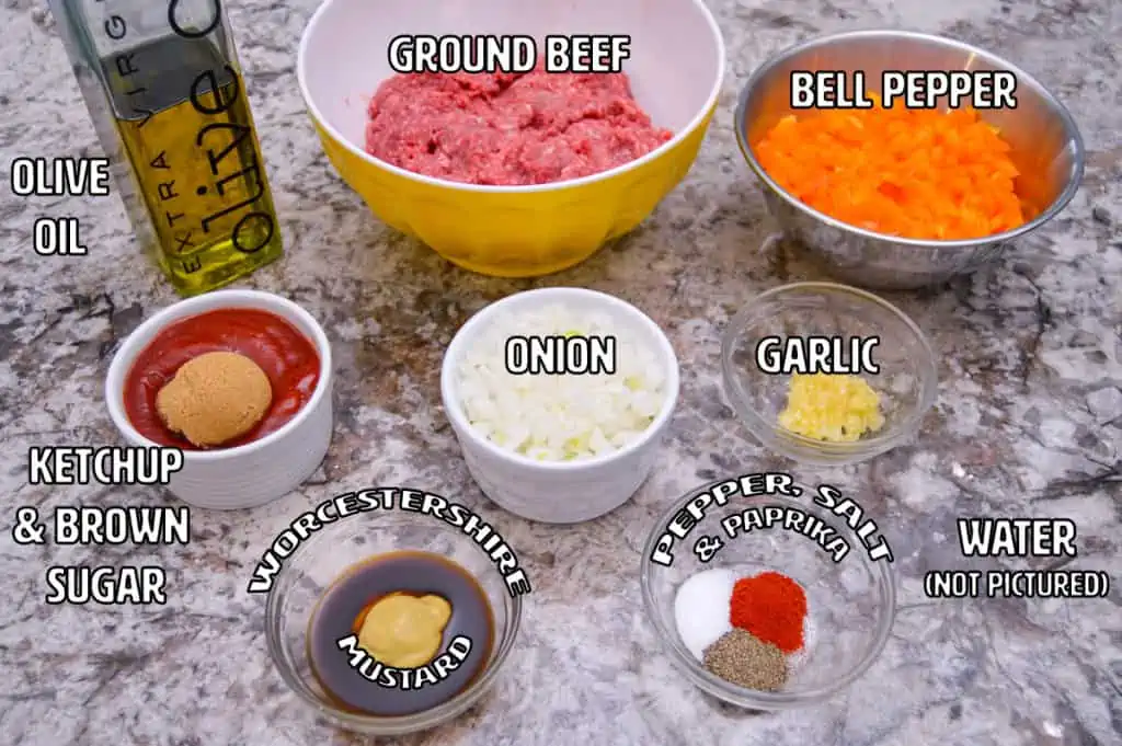 Sloppy Joes Ingredients in ramekins and bowls on brownish granite kitchen counter