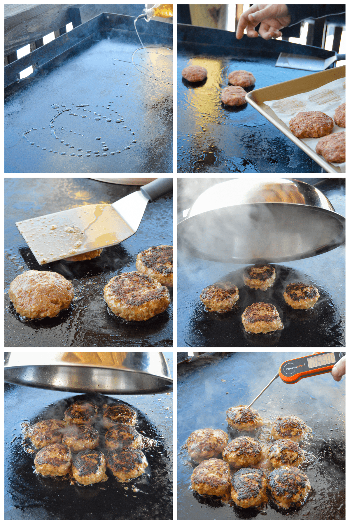 Kotlety being cooked on Outdoor griddle collage
