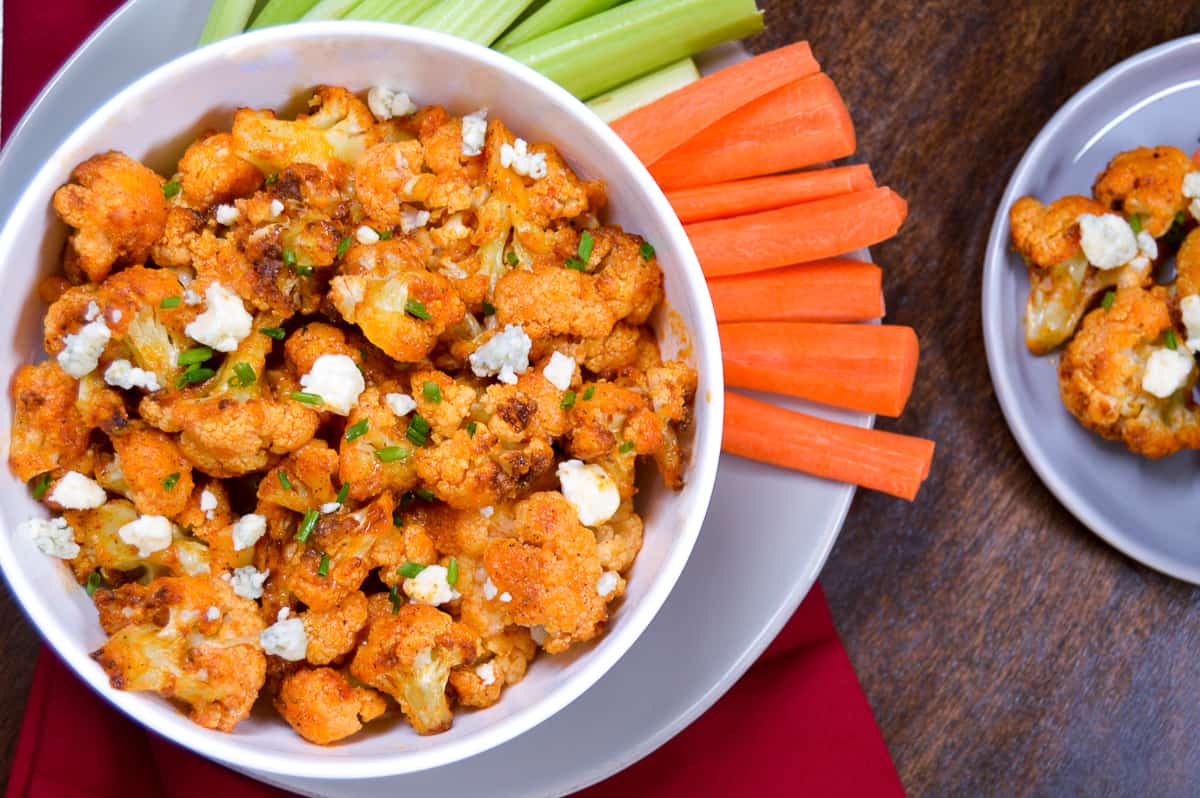 Air Fryer Buffalo Cauliflower with celery, carrots and blue cheese