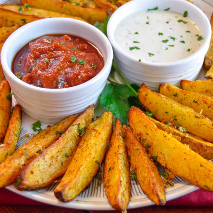Air Fryer Potato Wedges on plate with 2 ramekins with ketchup and ranch dip