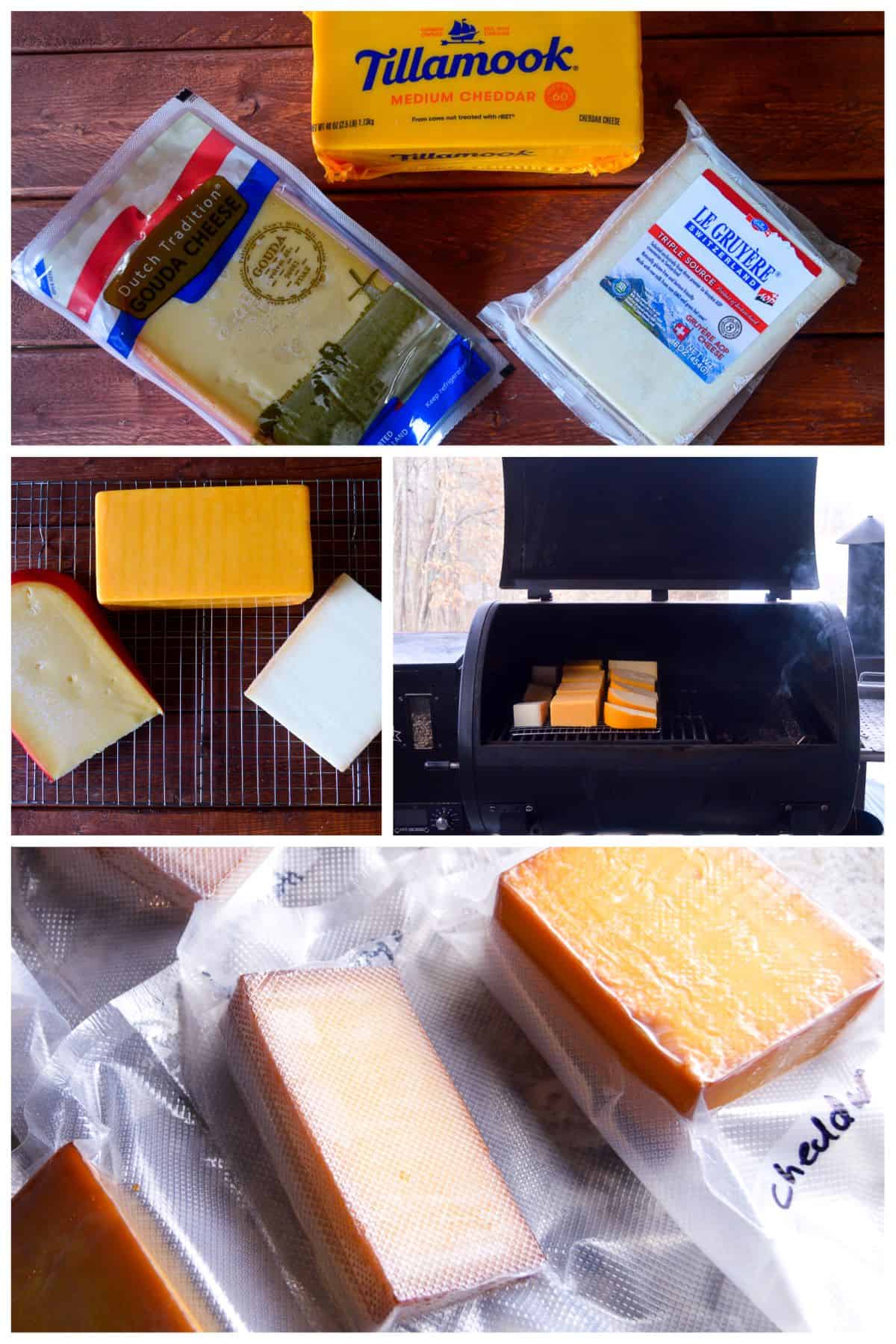 Recommended Cheeses to Smoke: Cheddar, Gruyere, Gouda in packaging and without, cheese on smoker and sealed in seal a meal bags  