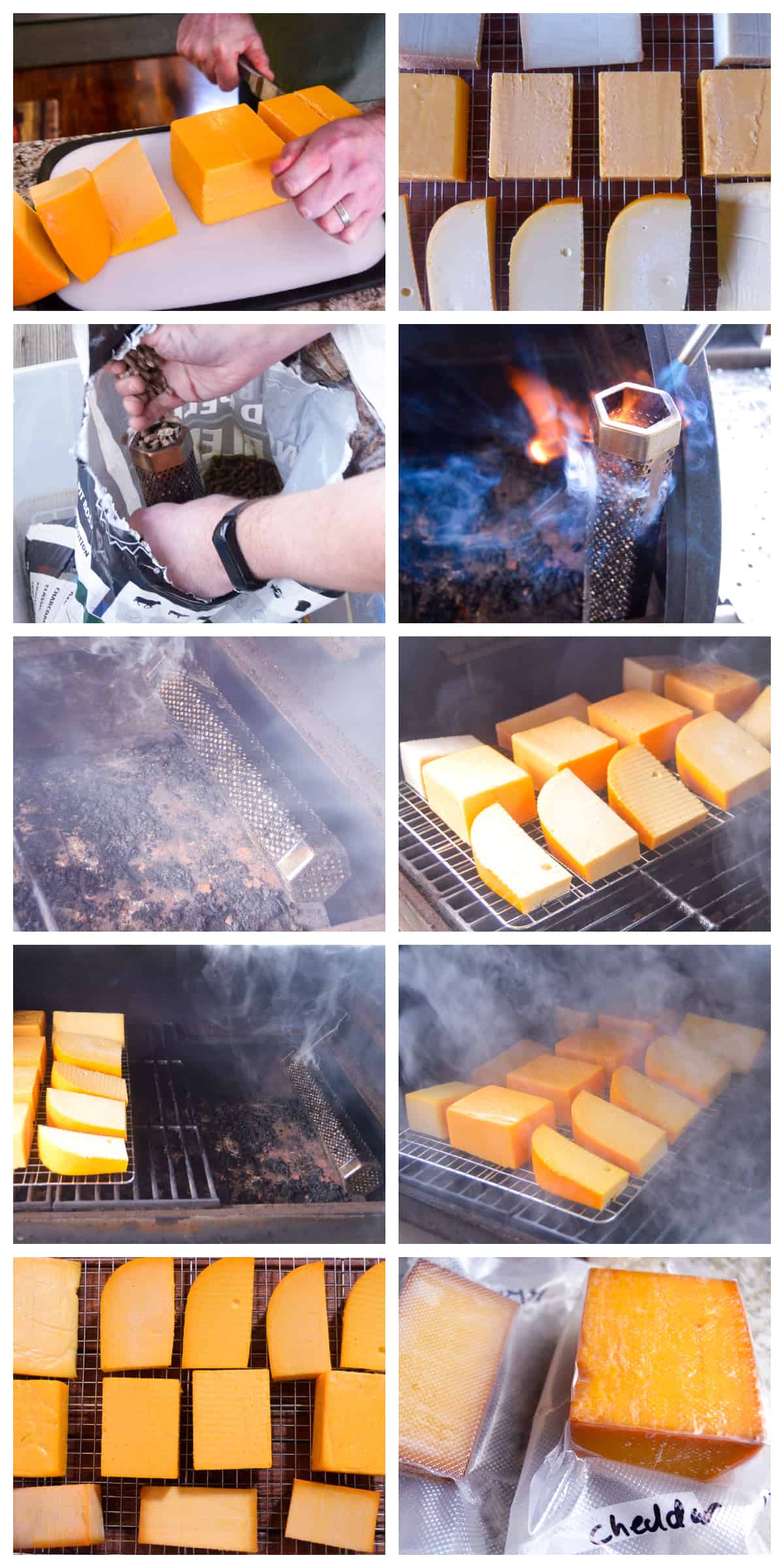 How to Smoke Cheese Steps Collage; using pellet cold smoker, setting into smoker, and resting cheese post-smoke and finally vacuum sealing in bags.