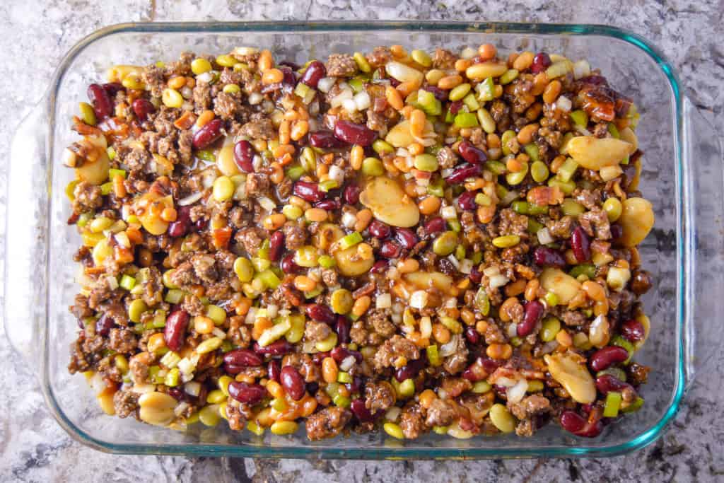 Casserole dish on counter with cooked beans