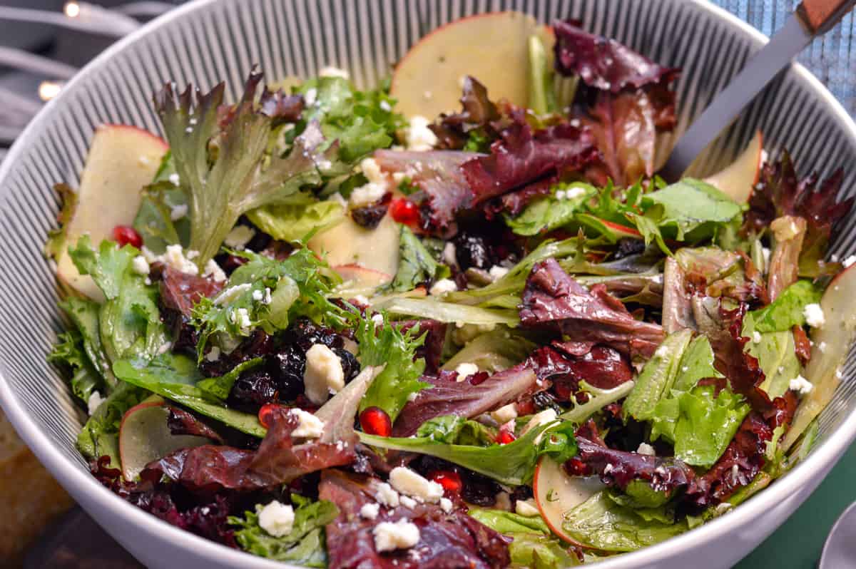 Up close shot of green salad with pomegranate arils, apple and feta cheese with vinaigrette in large salad bowl