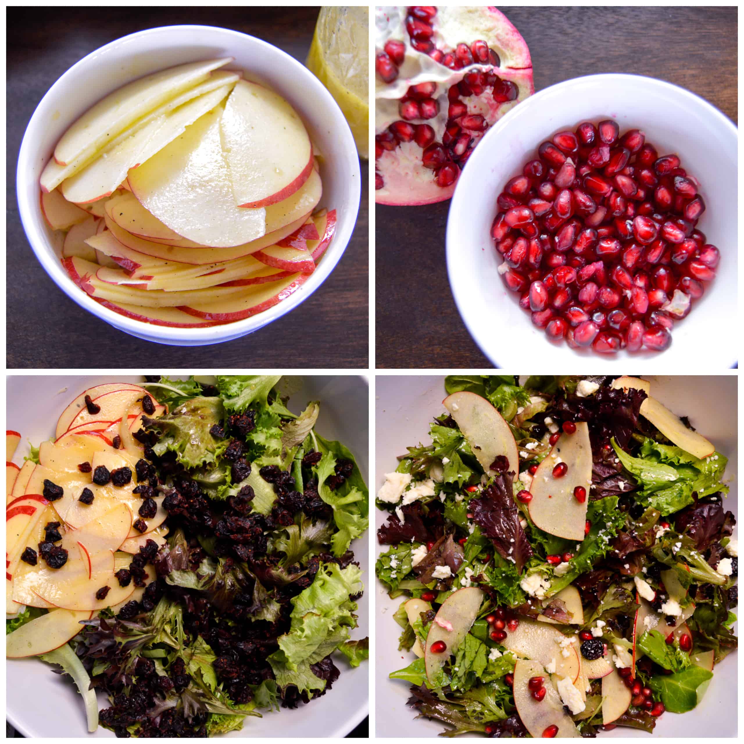 Apples sliced thin coated with apple cider vinaigrette, pomegranate arils in bowl with open pomegranate and salad with ingredients and then final mix with dressing
