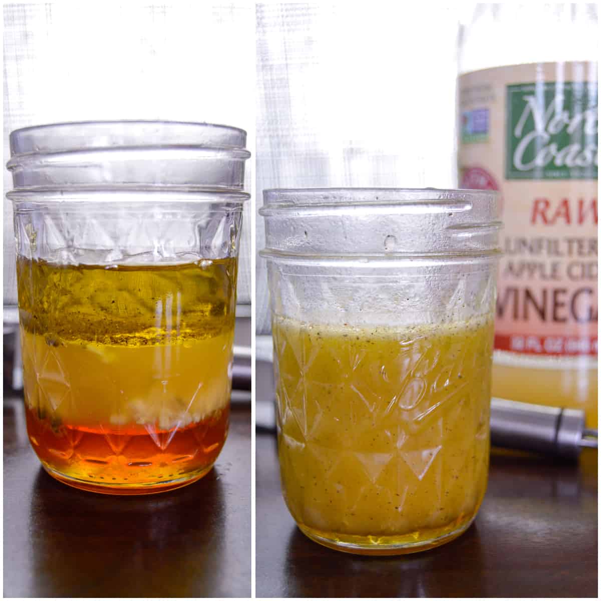 Cider Vinaigrette ingredients mixed in mason jar, glass of apple cider vinegar in the background