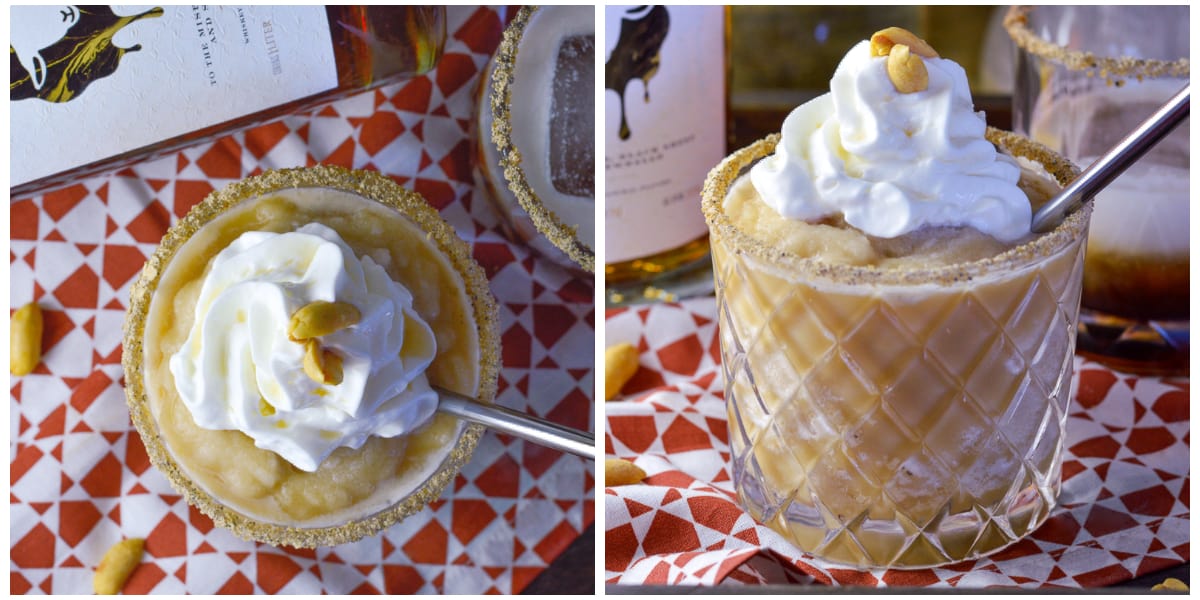 Up top and side views of frozen Skrewball White Russian cocktail in glass with whipped cream and a couple peanuts on top with skrewball whiskey bottle in background