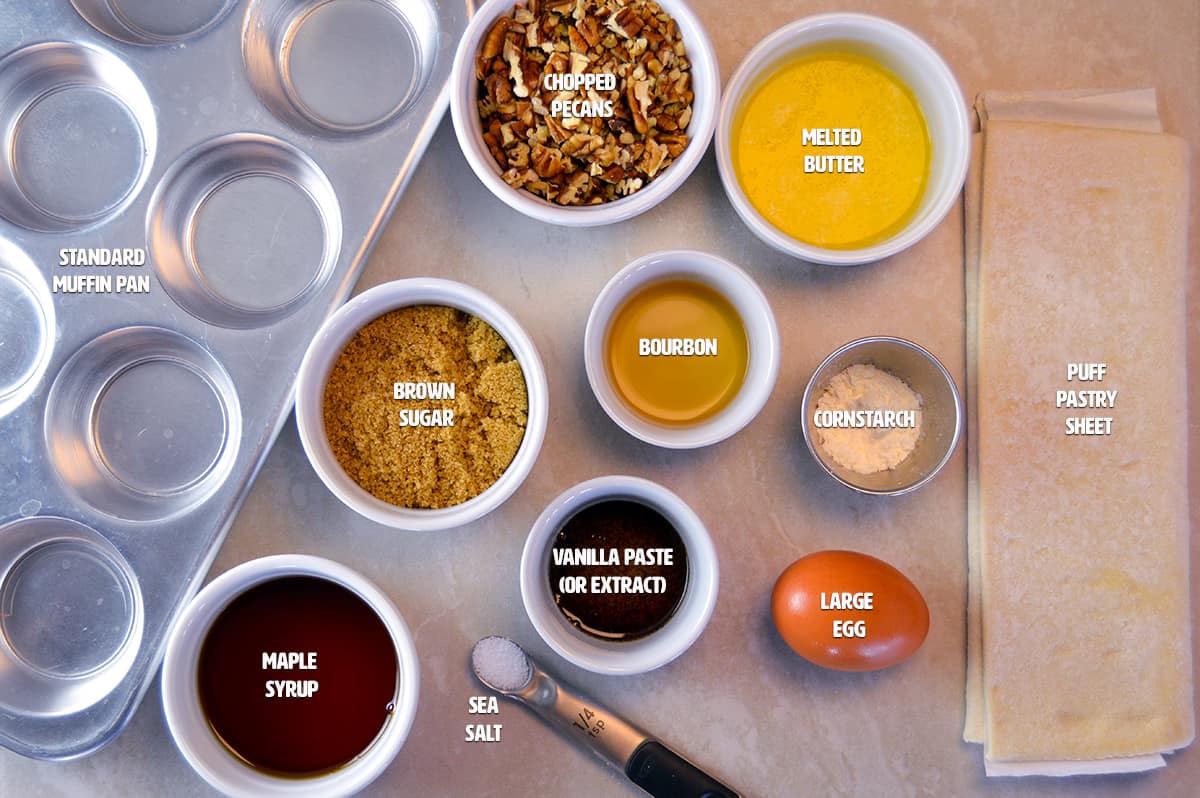 Ingredients and Standard Muffin Pan for making Maple Pecan Pie Puffs on counter with puff pastry 