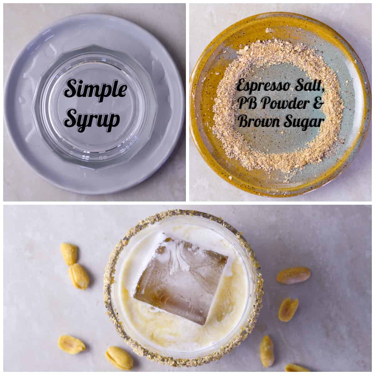 Salted Rim Option shown with glass upside down in simple Syrup and a combo of espresso salt, peanut butter powder and brown sugar to the right and a salted rim on the bottom of the collage