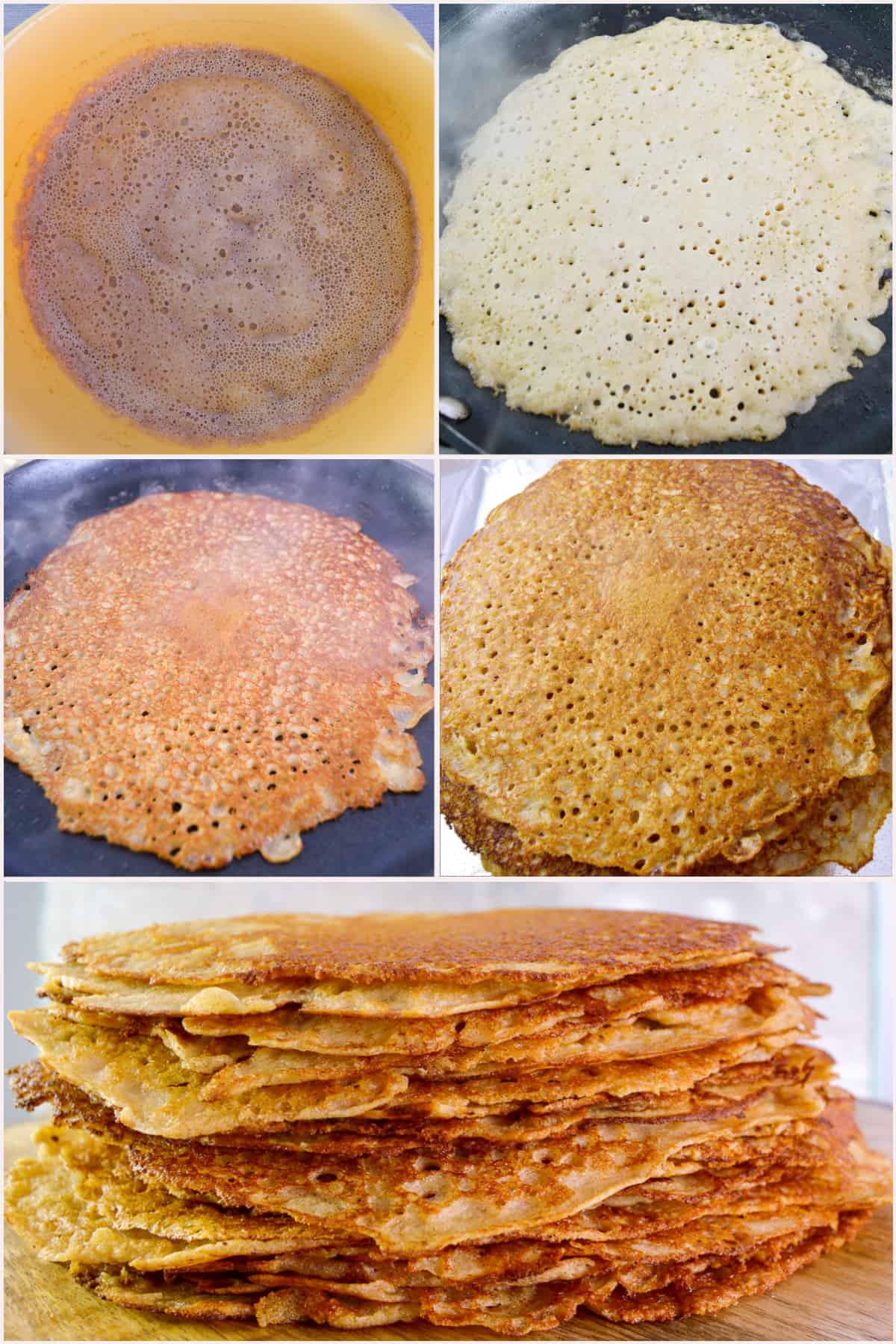 Collage showing steps for making Russian blini