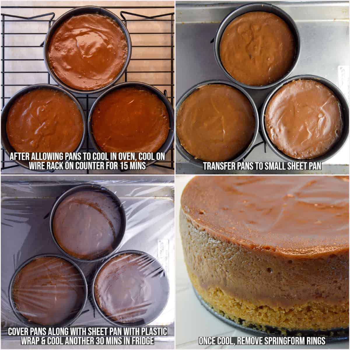 Cooling cheesecakes slowly in steps collage before decorating