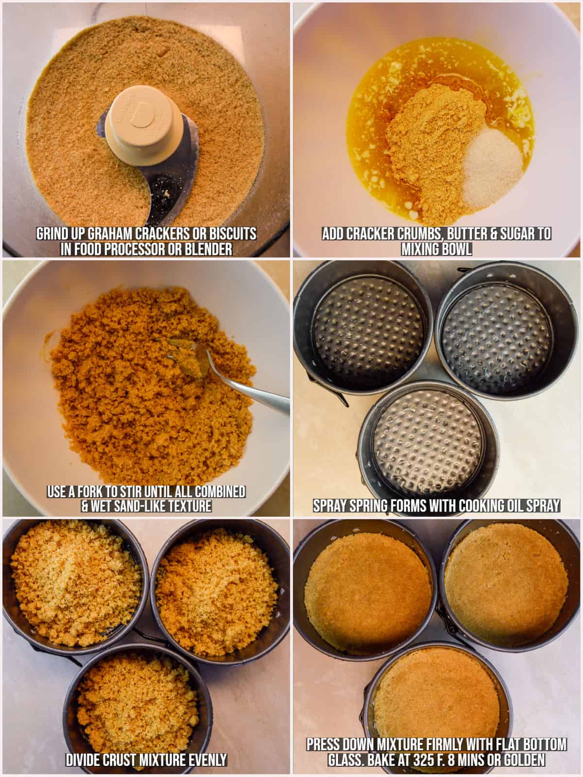 Steps shown to make graham cracker crust for mini Nutella cheesecakes in 4 inch springform pans.