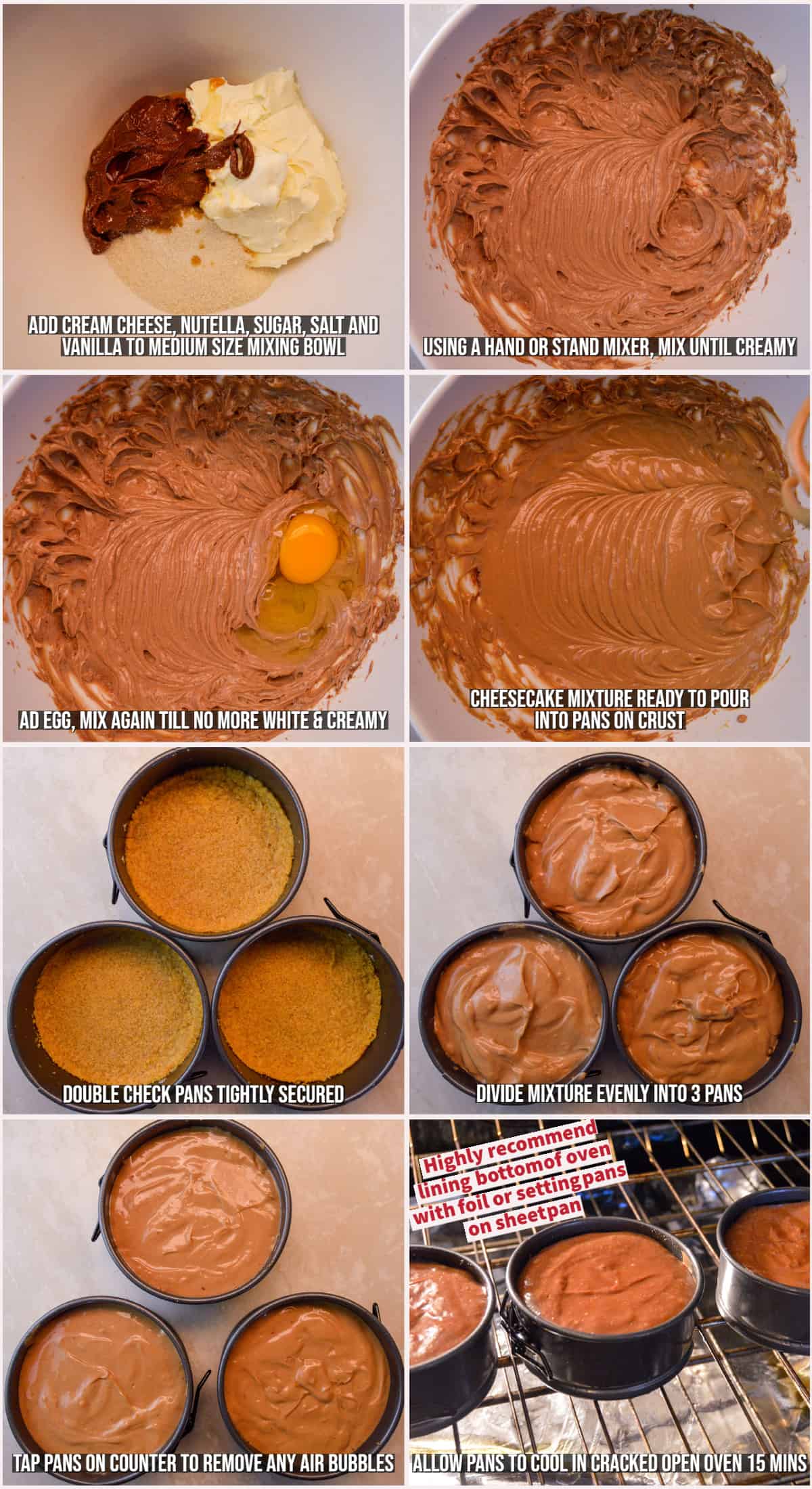 Steps shown to make Nutella cheesecake minis filling in mini springform pans 