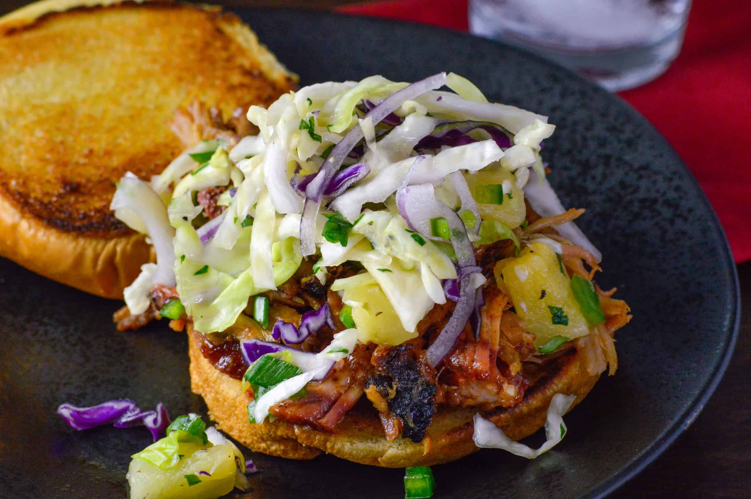 Mayo Free Pineapple slaw on Pulled pork sandwiches