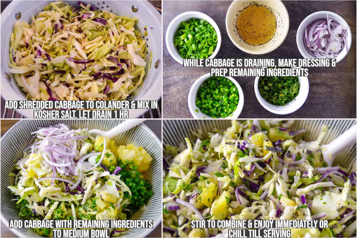 4 photos in collage showing steps to make pineapple slaw