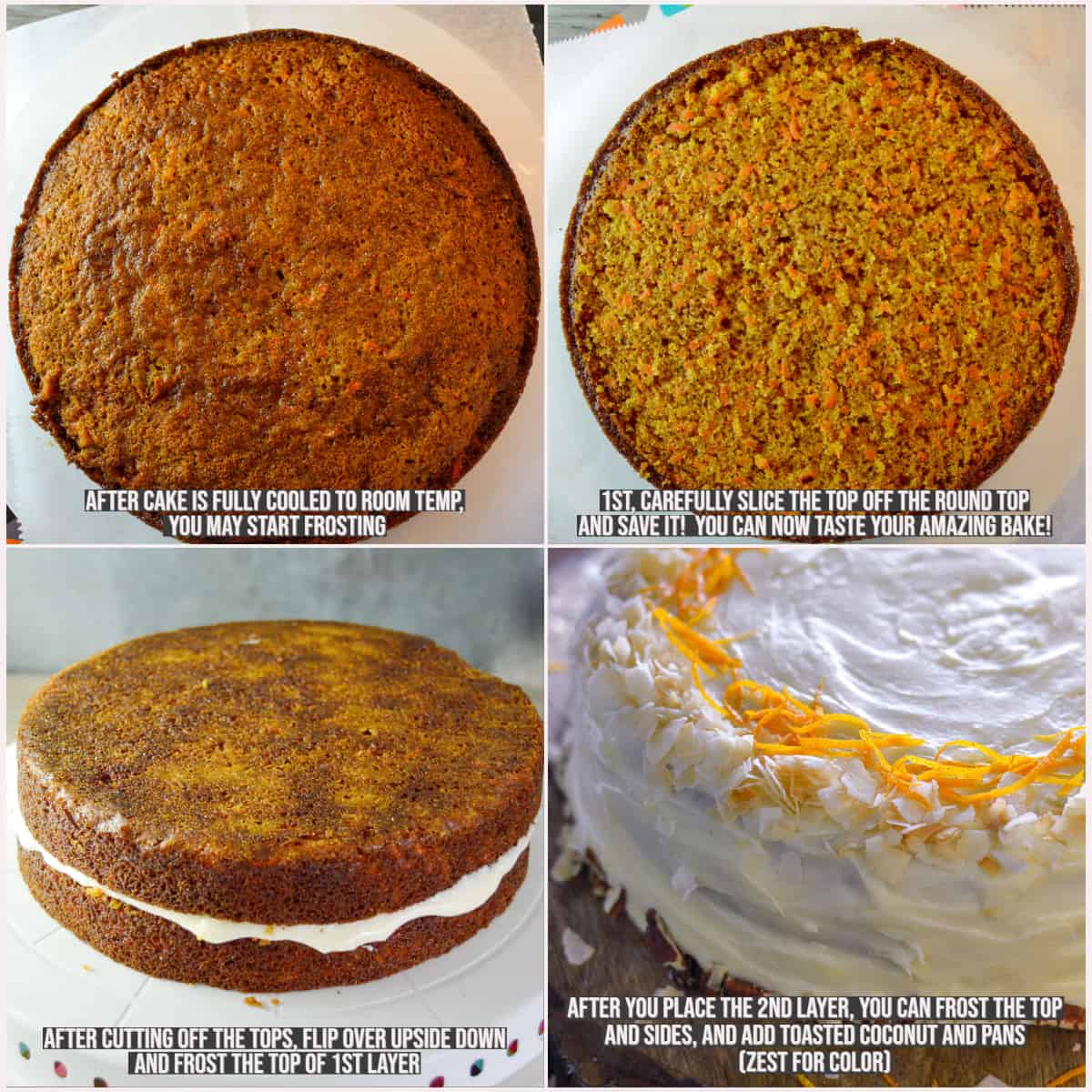 4 photos shown on partial decoration of the orange carrot cake and sliced top