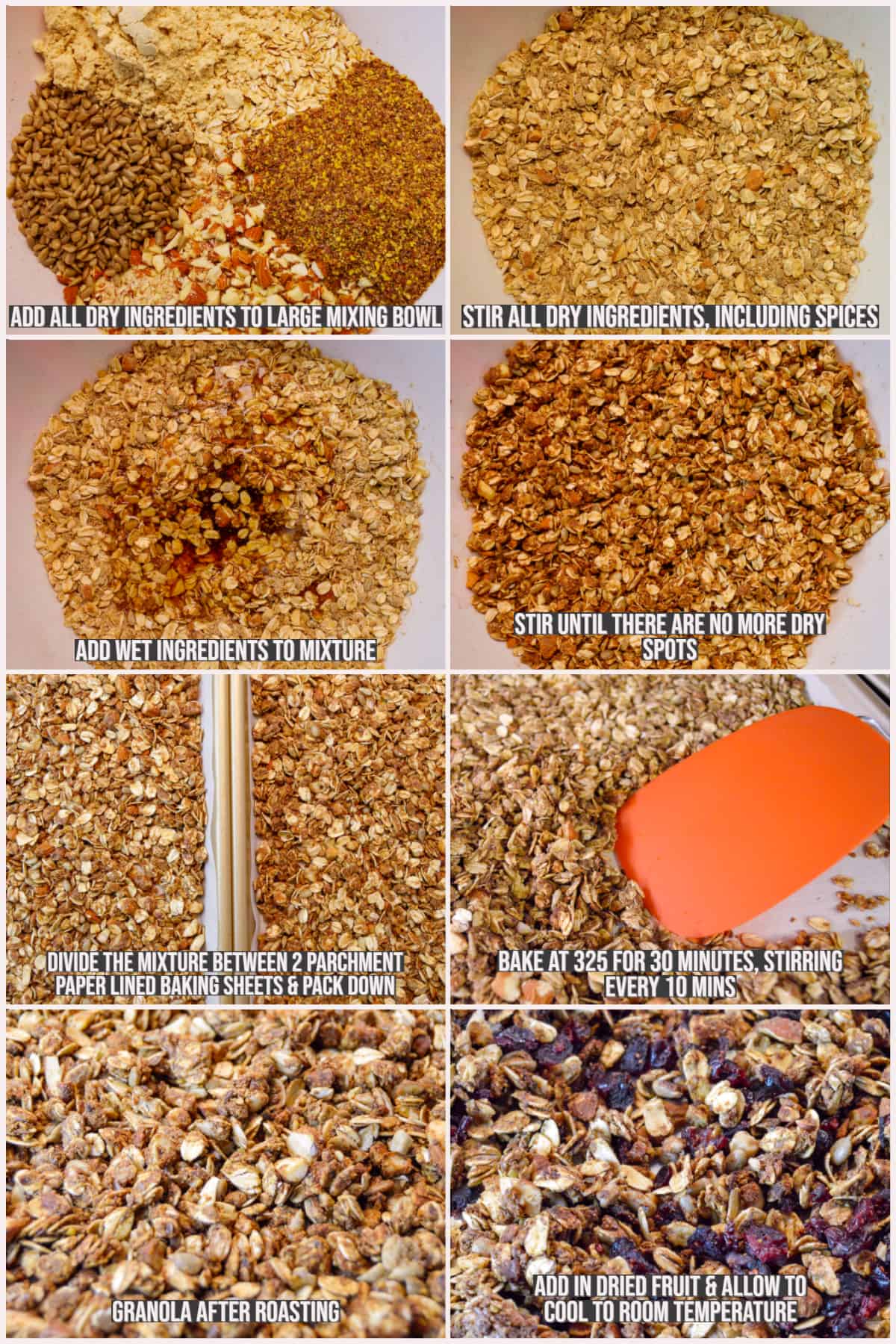 8 collage pictures shown for steps to make homemade granola