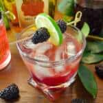 KY bourbon cocktails with blackberries around and pink rose, garnished with lime and blackberries on cocktail pick