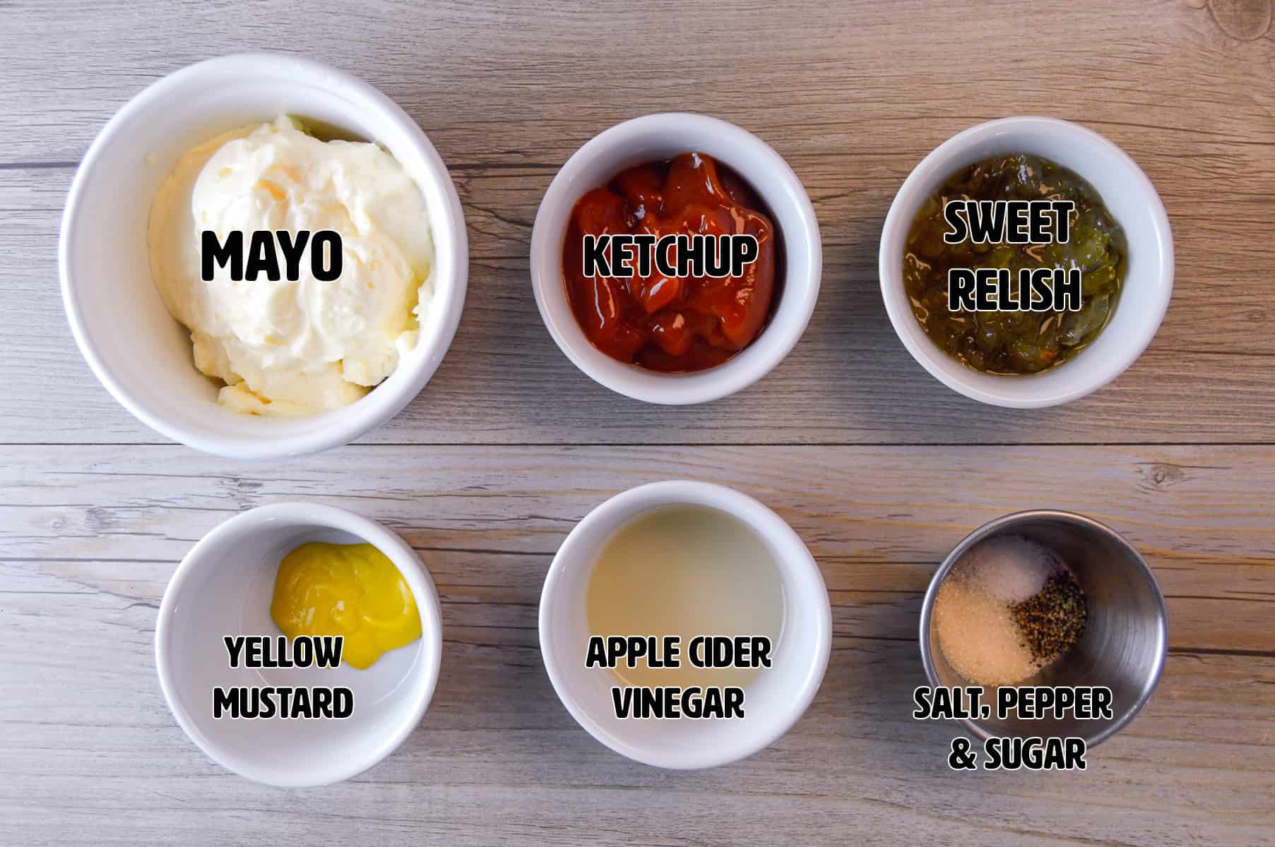 6 ramekins showing 8 ingredients for burger sauce: Upper left- right-Mayo, ketchup and sweet relish. Lower left to right-yellow mustard, apple cider vinegar, salt, pepper and sugar. 