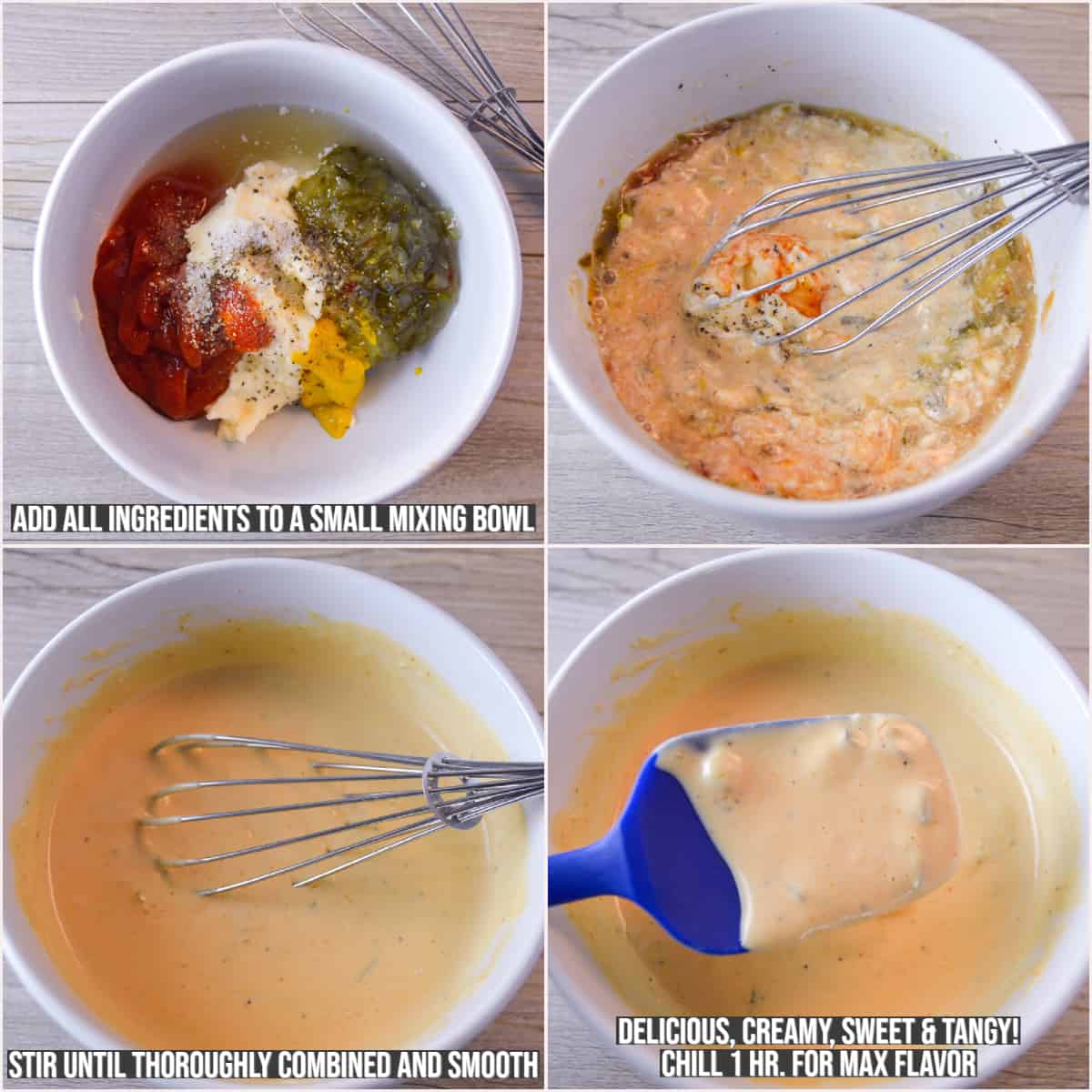 4 photos showing the steps in making homemade burger sauce/spread: upper left unmixed with all ingredients, upper rt starting to mix, lower left fully mixed and smooth, lower right fully mixed and showing texture on a blue spatula spoon