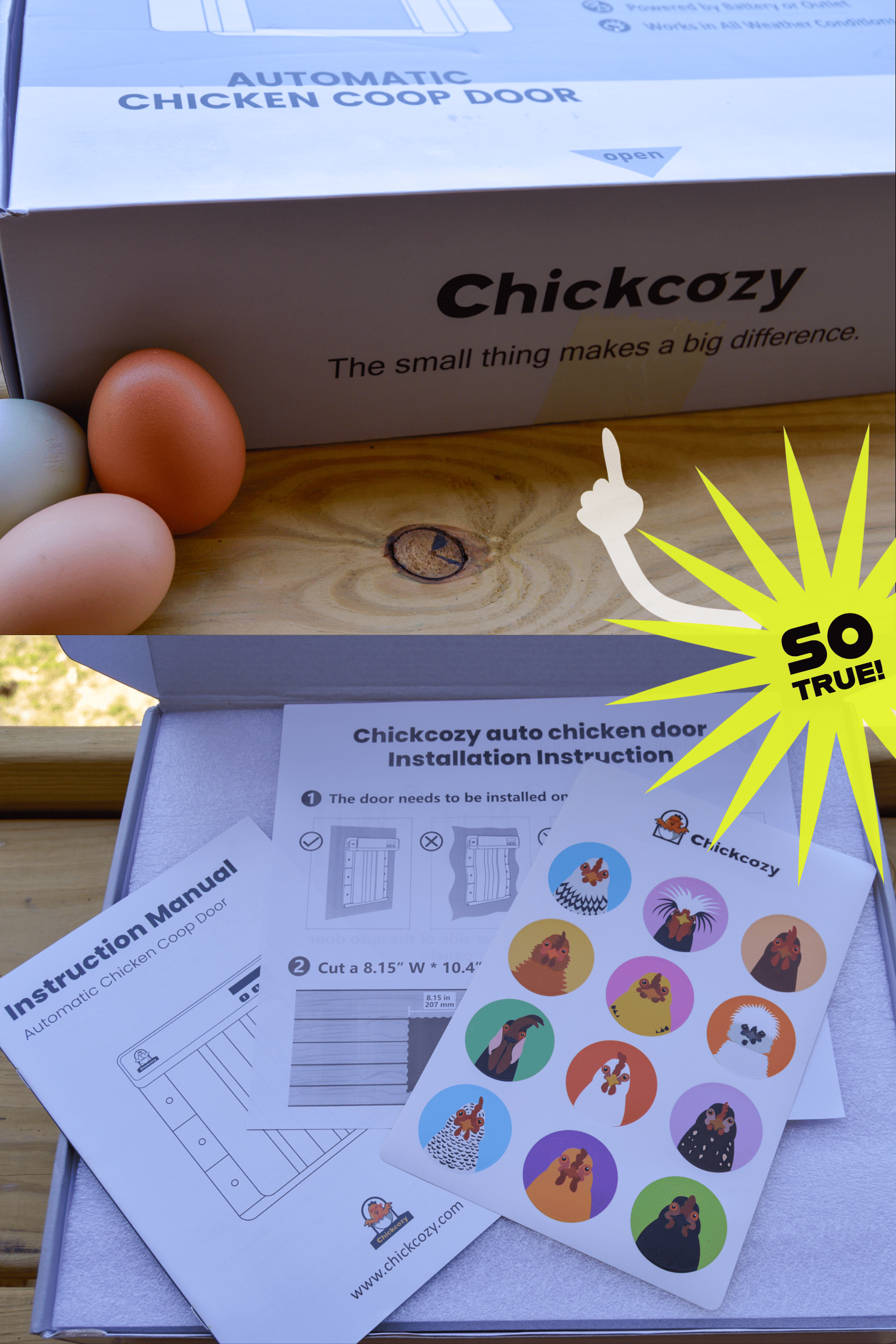 Chickcozy Auto Door Box with saying "The small thing makes a big difference" showing instructions and stickers that come with the door.
