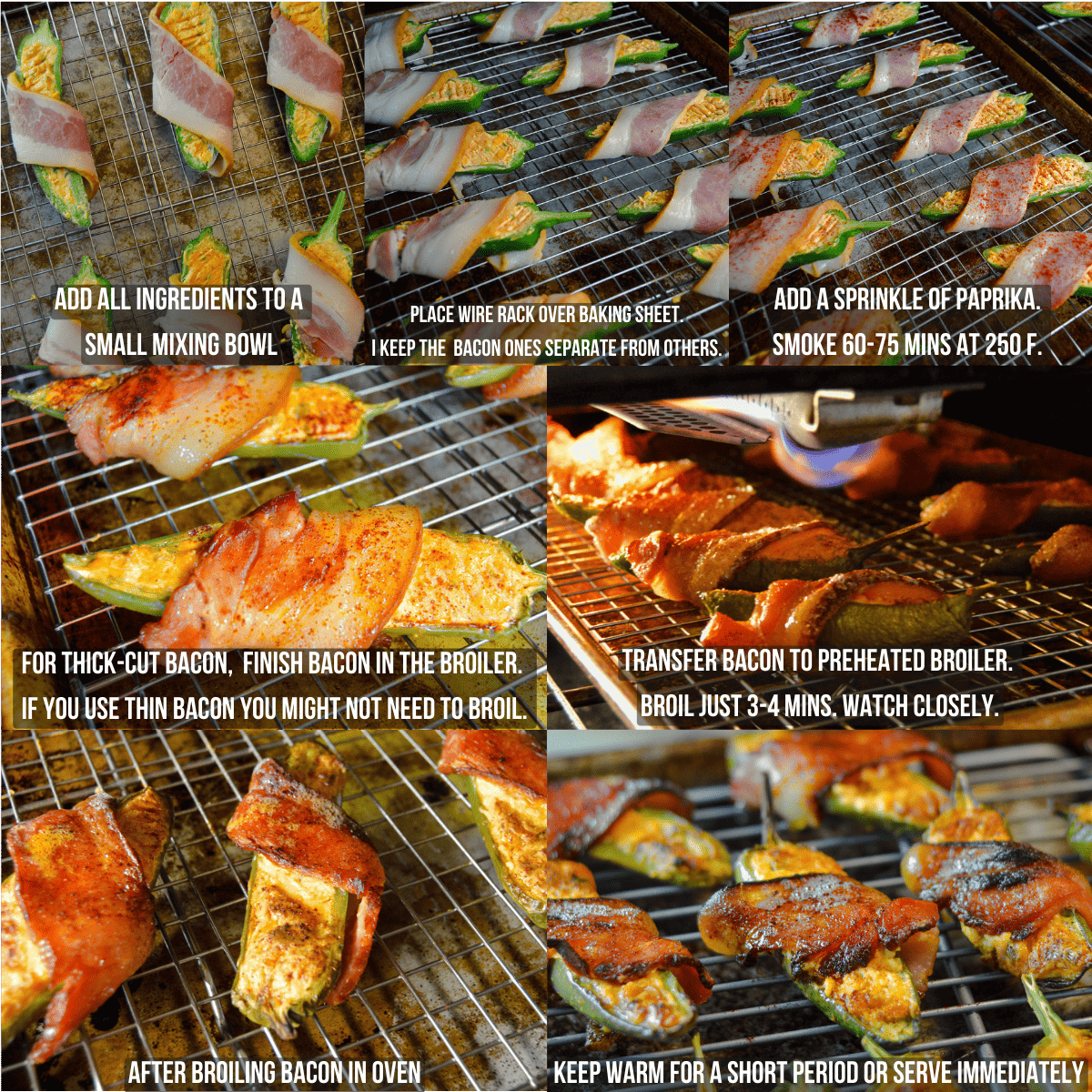 7 photo collage showing steps to make smoked bacon-wrapped jalapeno poppers in pellet smoker; wrap half slice of bacon onto filled jalapenos, seam side down, place on wire rack, sprinkle with smoked paprika, smoke 60-75 mins, then broil for 3-4 mins to crisp up bacon, then showing bacon wrapped poppers completed.