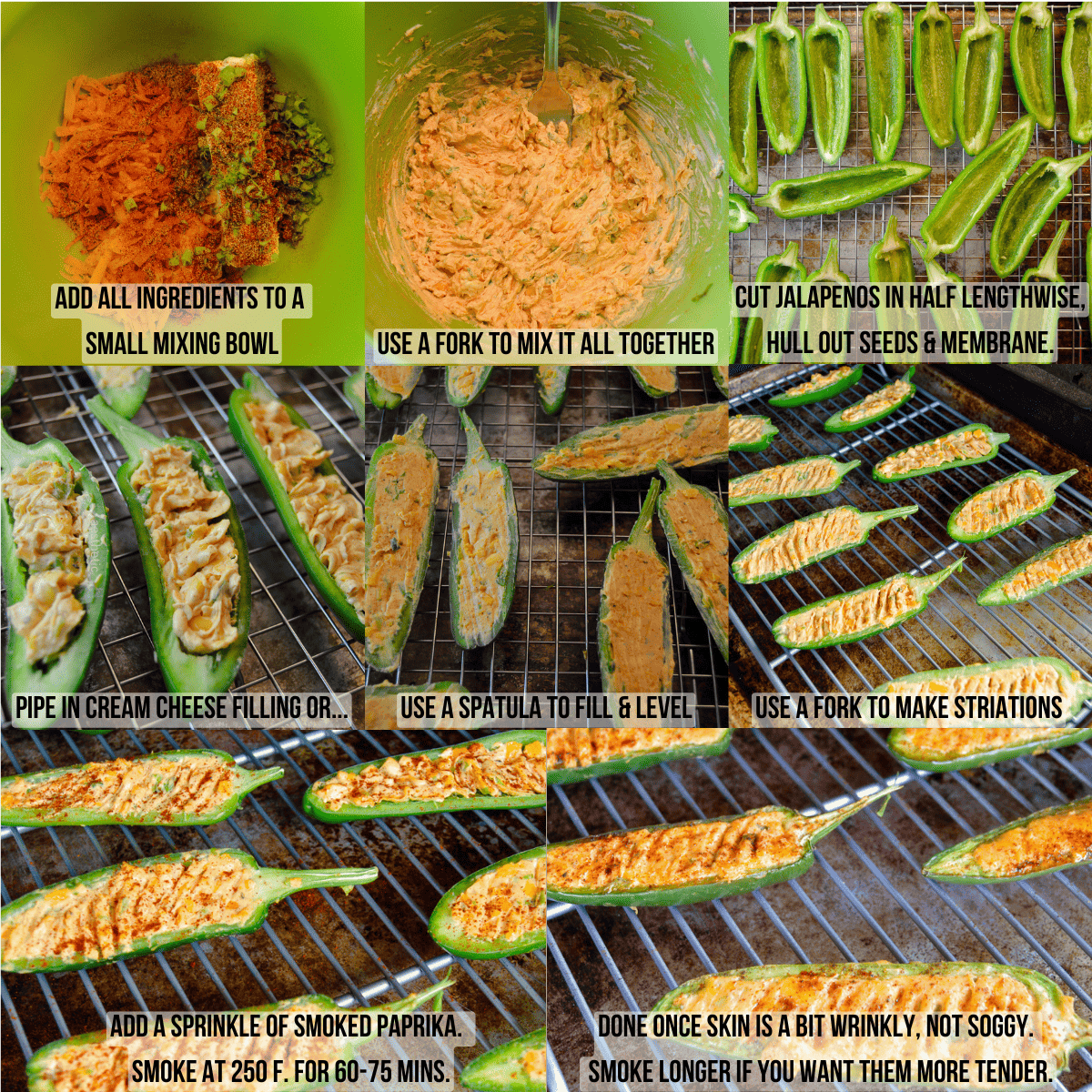 8 photo collage showing steps to make smoked jalapeno poppers in pellet smoker; in bowl with ingredients, mixed in bowl, hulled out jalapenos, piped in filling, on wire rack, topped with smoked paprika, on smoker starting and smoke complete. 