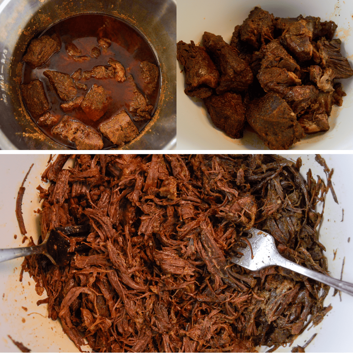 3 images in collage for Beef in Instant Pot Post-pressure cook and shredded; from opening instant pot after pressure cook to shredding beef with forks.