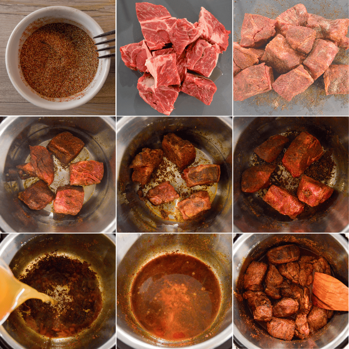 9 images shown in collage for Prepping Shredded Beef for Instant Pot before pressure cooking; from mixed spices to deglazing pot and returning before before sealing Instant Pot