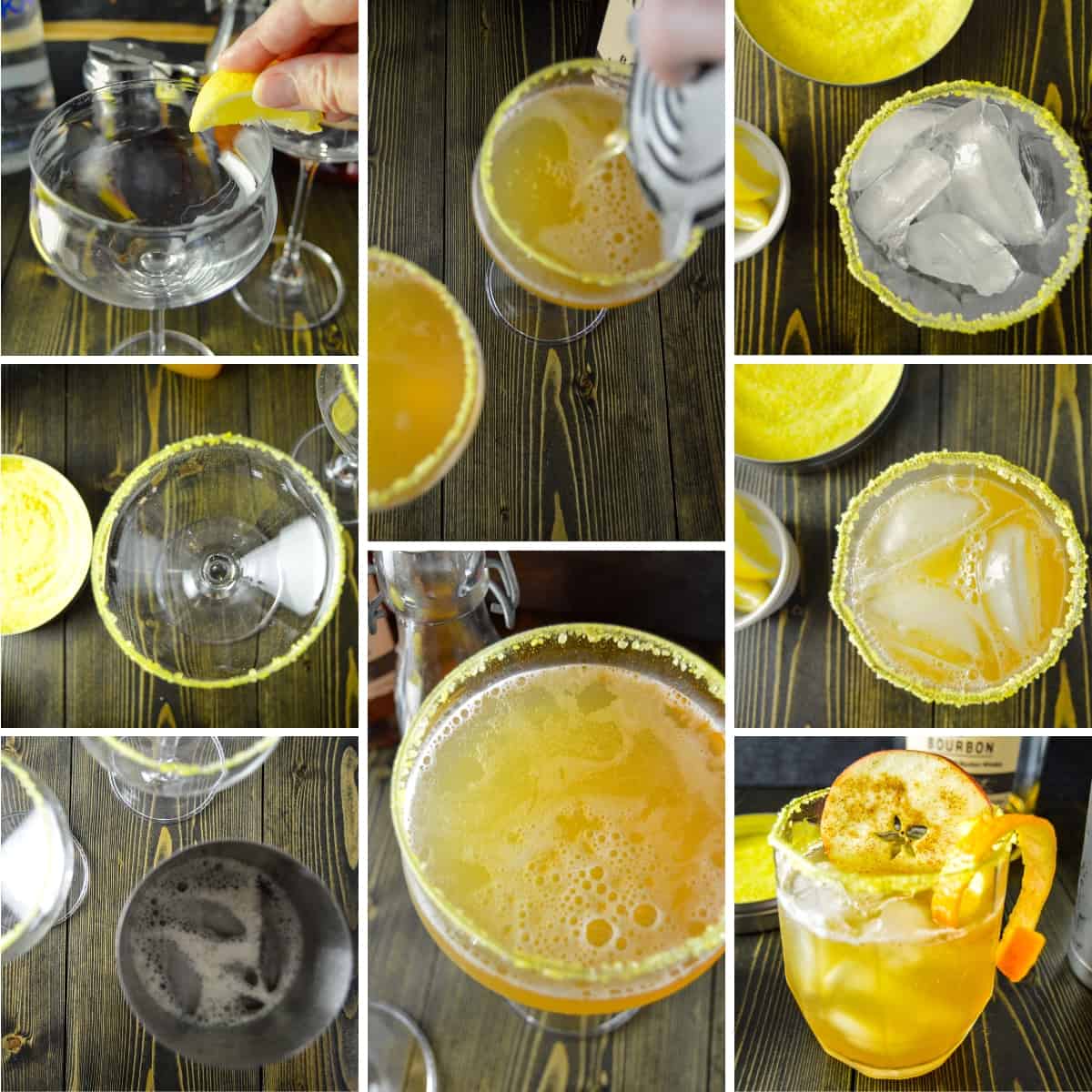 Steps Photo Collage of making orange apple cider cocktail in coupe glass and rocks glass