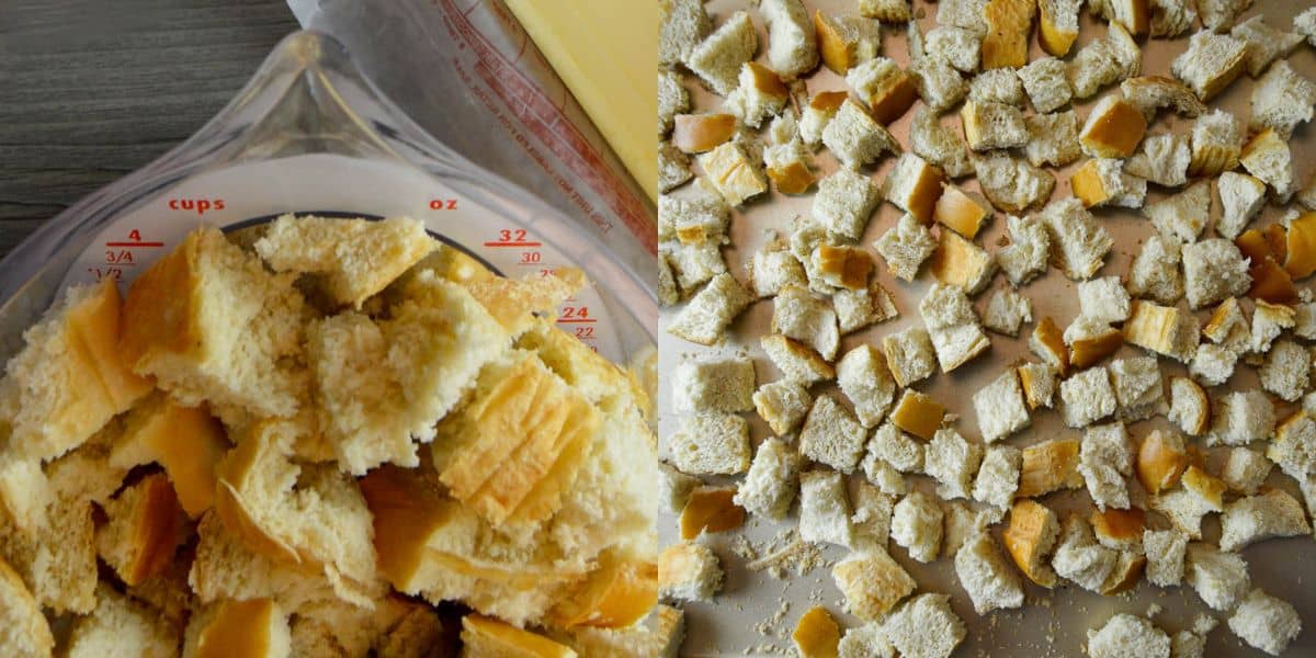 2 photos showing 4 cups of bread cubed in a measuring cup and then on the right the bread cubes dried out on a baking sheet