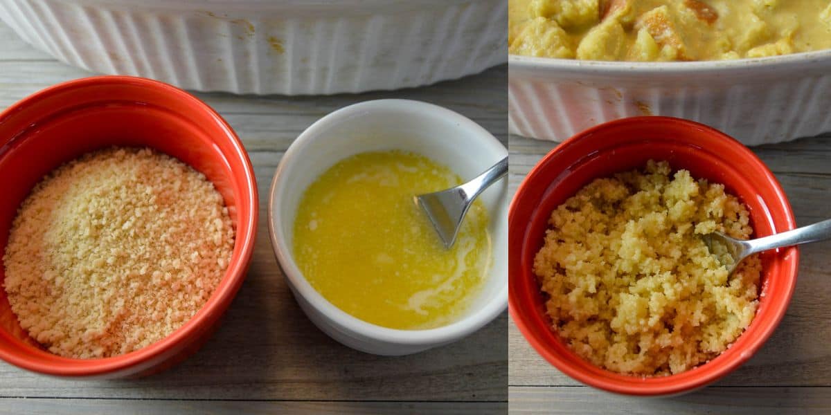 2 photo collage showing panko bread crumbs and melted butter on the left and them mixed together in a large ramekin on the right side, ready to sprinkle on top of the pineapple mixture in the baking dish behind it. 