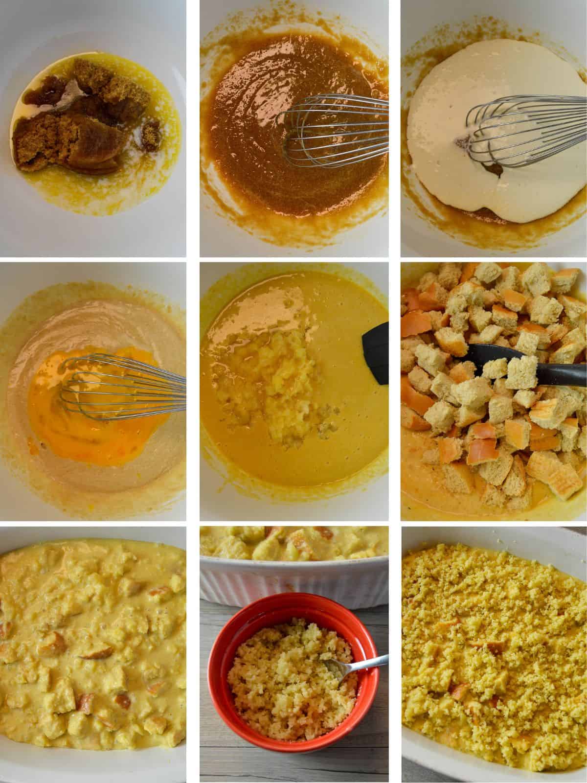 9 image collage showing steps to make scalloped pineapple casserole