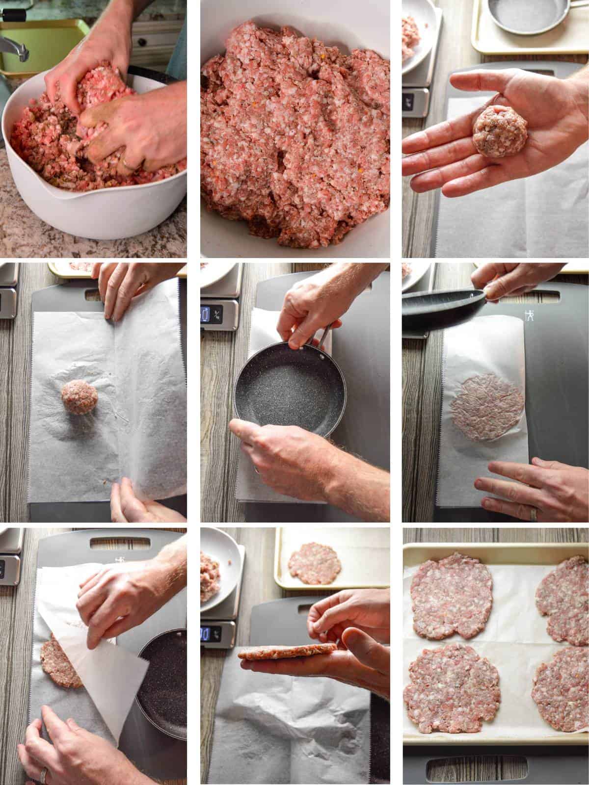 Steps shown to make patties for breakfast sausage out of ground pork