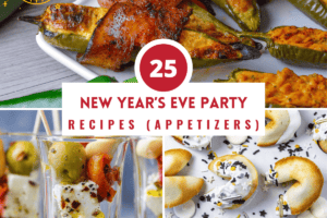 3 photo collage of smoked jalapeno poppers, shot glass of olives and feta and fortune cookies for featured image for 25 new year's eve party recipes for the best appetizers