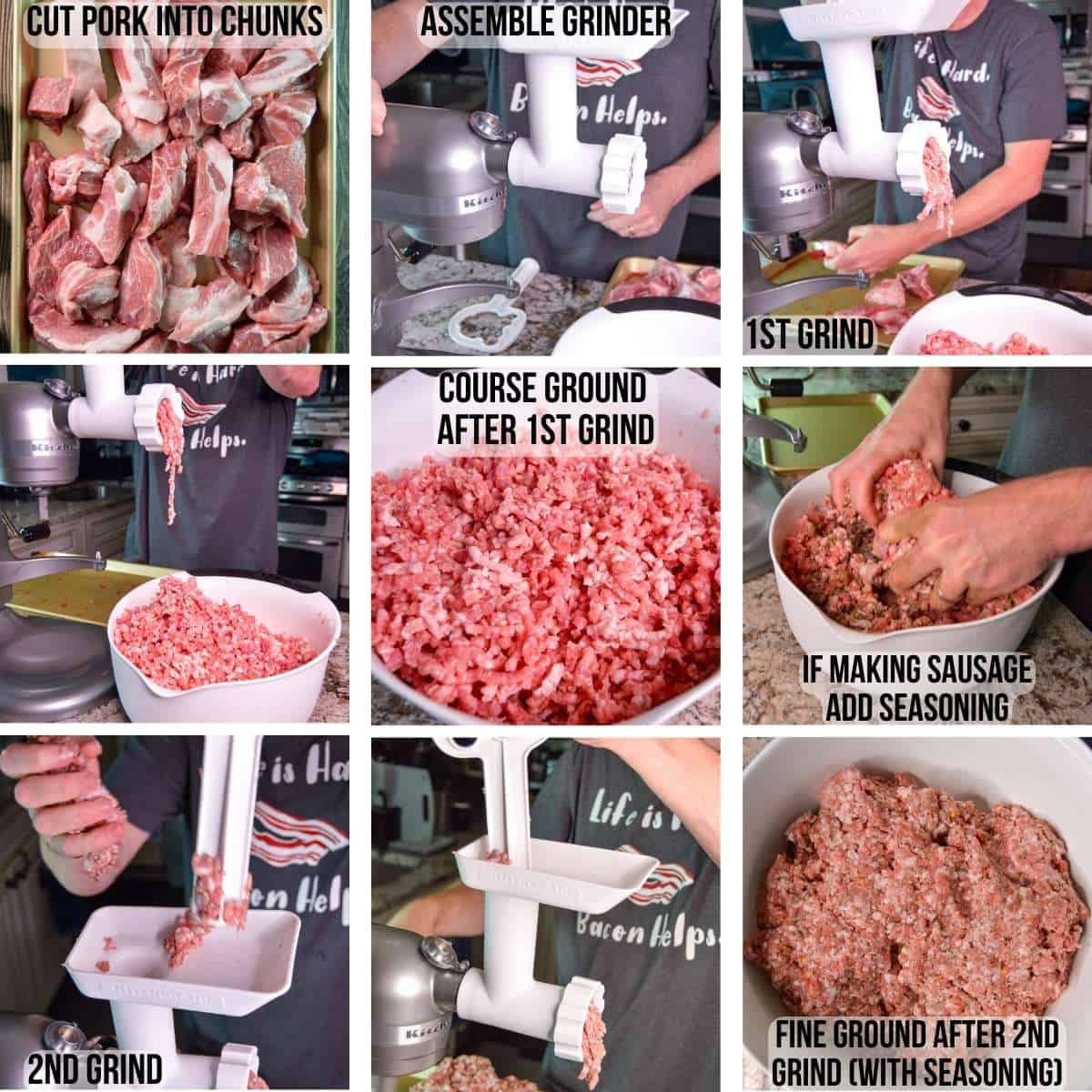 How to Grind Your Own Pork Steps Collage with adding sausage seasoning as well