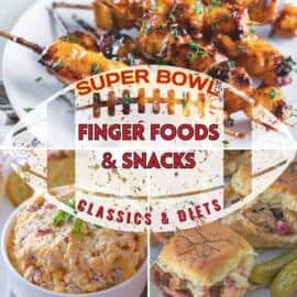 Super Bowl Finger Foods & Snacks 2 photo collage with bang bang chicken skewers, pimento cheese and brisket sliders