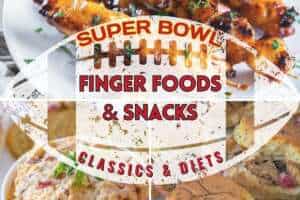 Super Bowl Finger Foods & Snacks 2 photo collage with bang bang chicken skewers, pimento cheese and brisket sliders