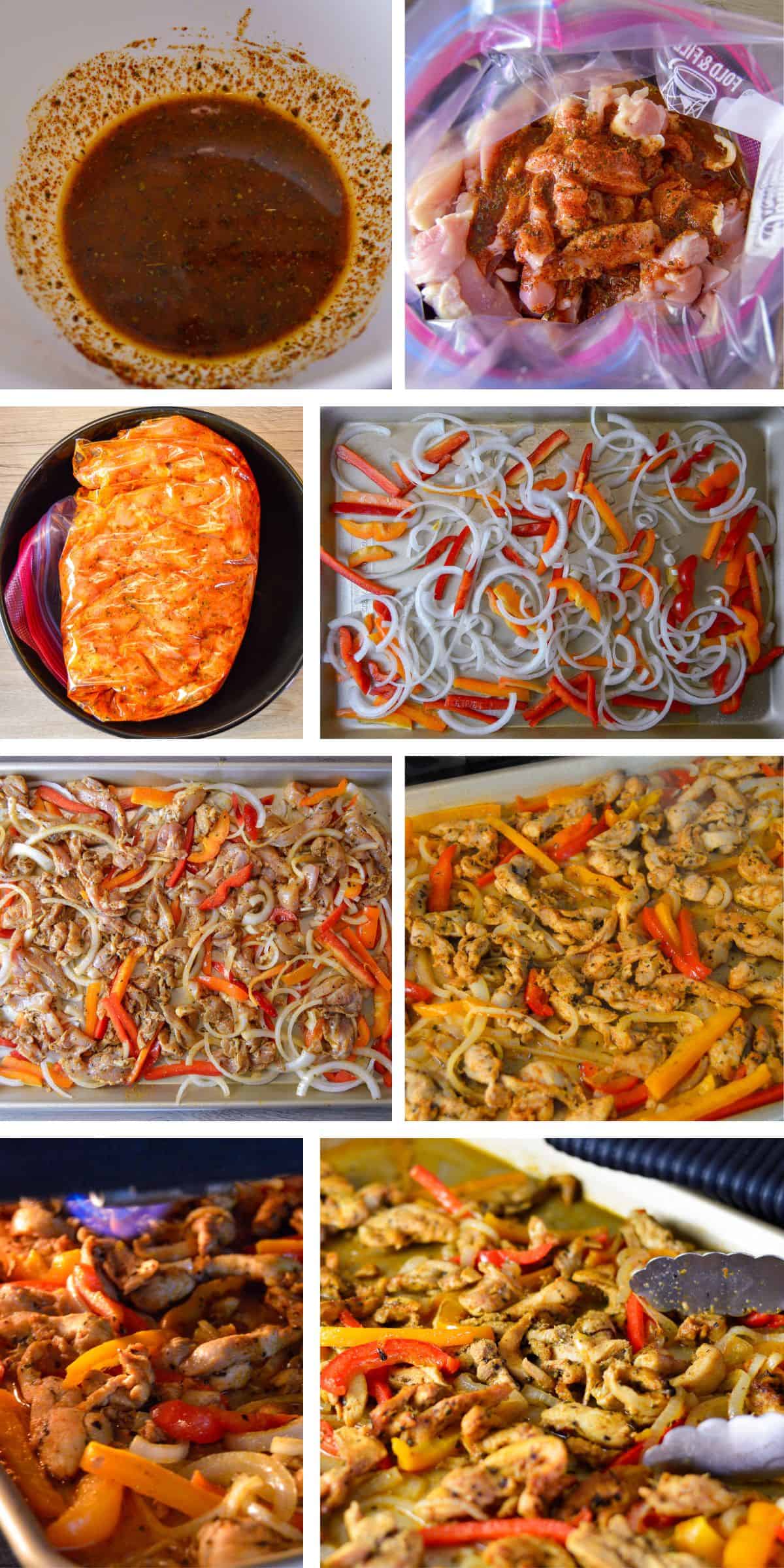 8 image collage for marinating and cooking sheet pan chicken fajitas
