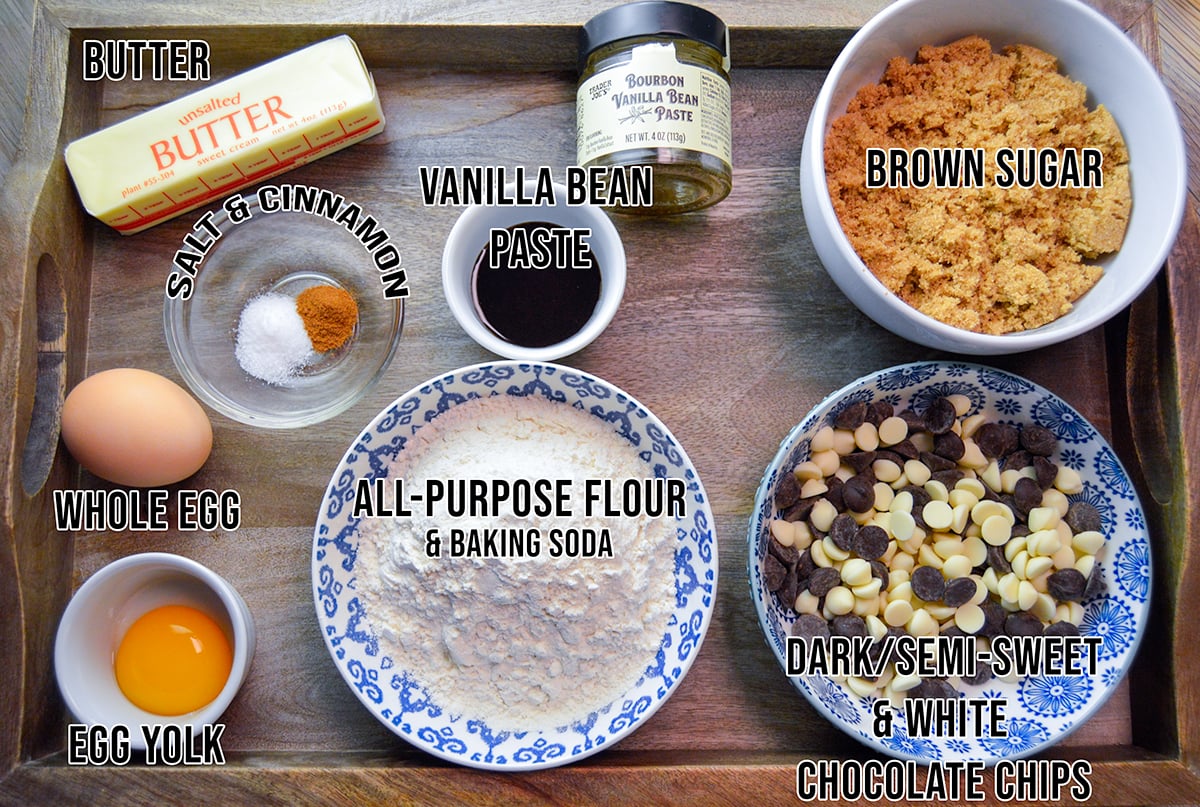 Ingredients for Chocolate Chip Blondies shown on wooden serving board 