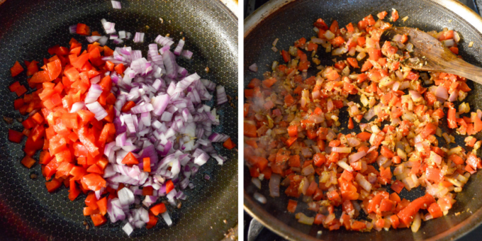 Adding bell pepper and onion to skillet to cook and Adding half the spices to the pepper and onion mixture