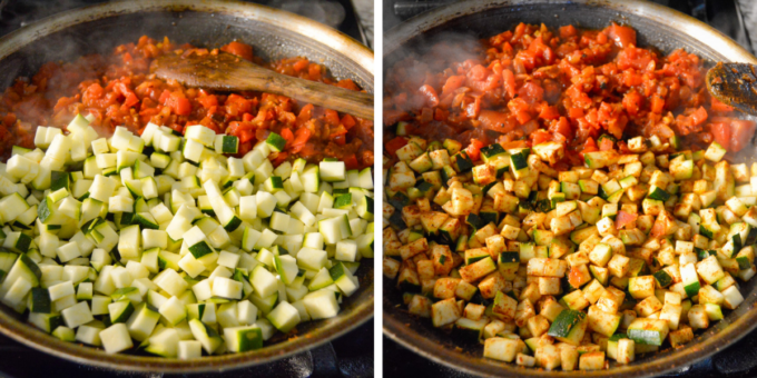 Adding zucchini to half the pan to cook and Adding remaining spices to vegetable mixture after cooking zucchini